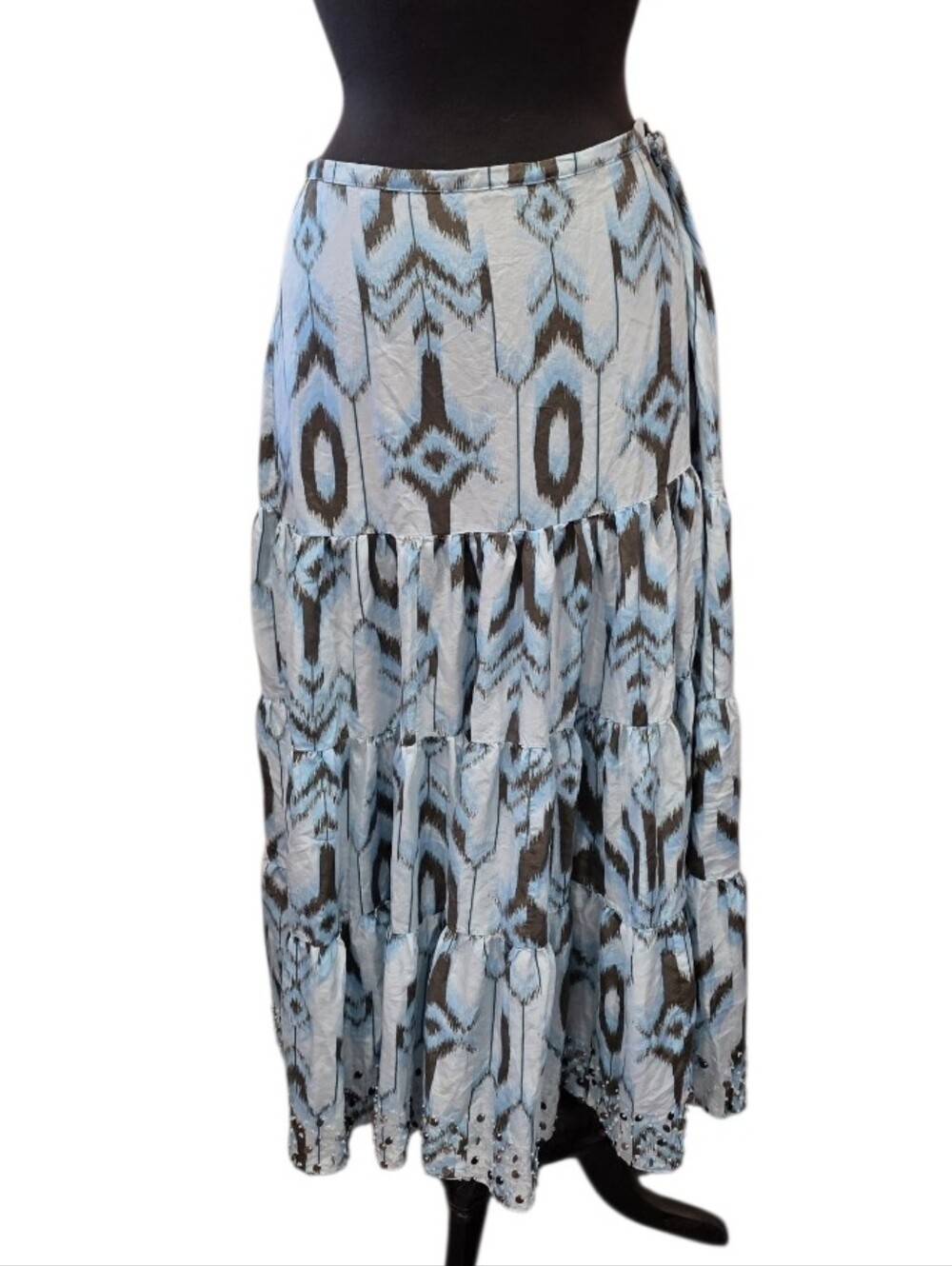 Vintage Y2K Betty Barclay Silk Maxi Light Blue and Gray Ikat Tiered Maxi Skirt